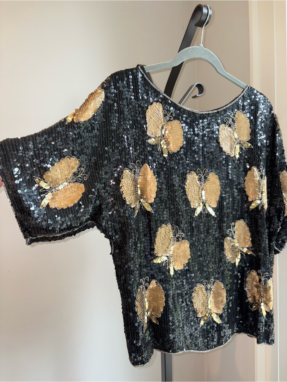 100% Silk VTG Beaded Sequin Butterfly Top Size L Black Gold Holiday Party Gatsby